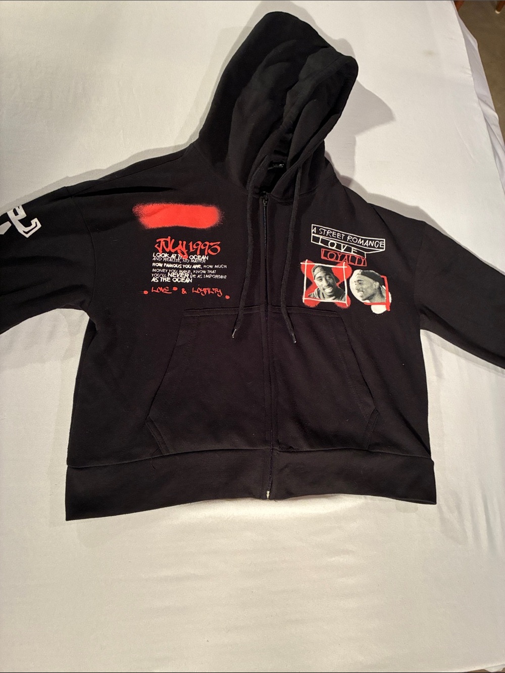 Chemistry Poetic Justice (Tupac)Black Zip-Up Graphic Hoodie with Red Accents.